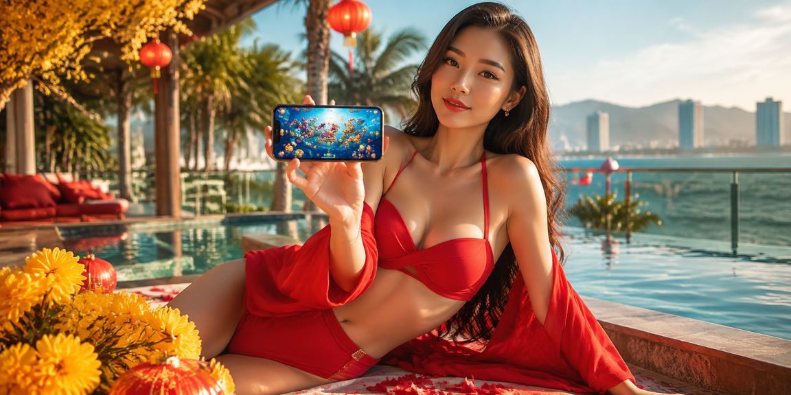 Người chơi game bắn cá trên bãi biển Đà Nẵng với điện thoại trên tay